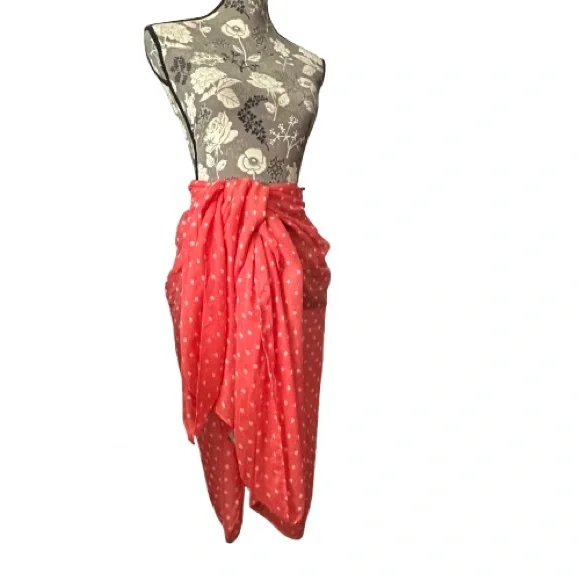 JCP Coral & White Polka Dot Viscose Wraparound Beach & Multi Purpose Wear Scarf - Picture 3 of 13